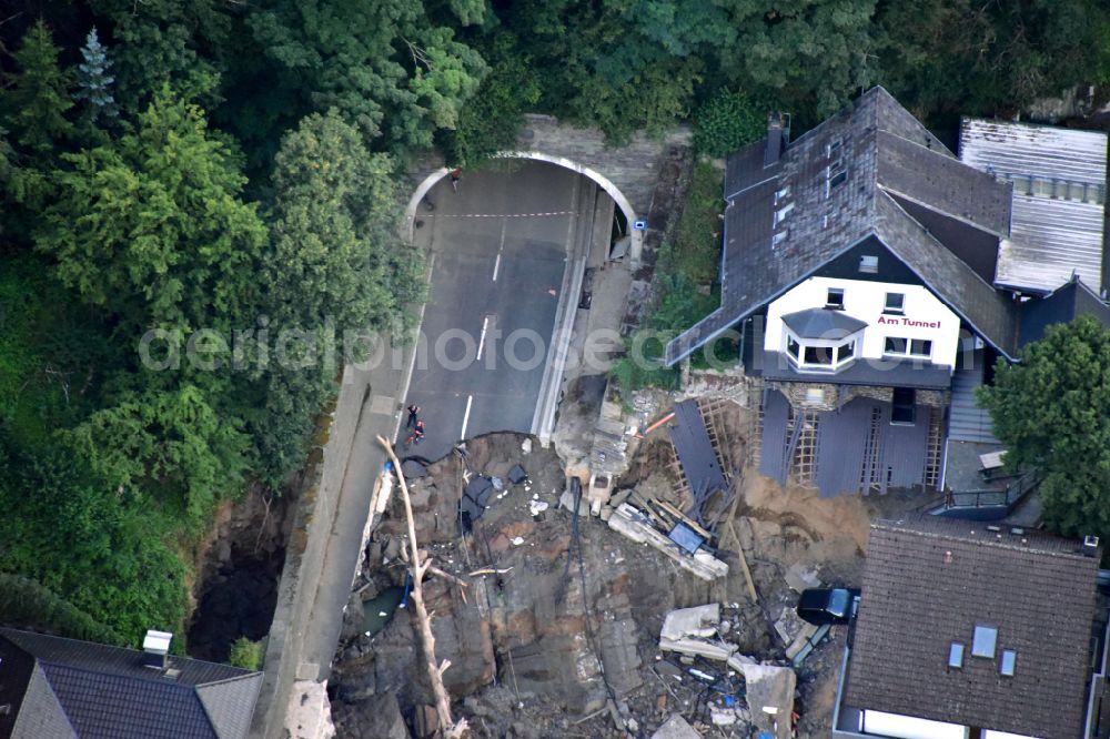 Aerial photograph Altenahr - Flood damage and reconstruction construction sites in the floodplain of Ahr in Altenahr Ahrtal in the state Rhineland-Palatinate, Germany