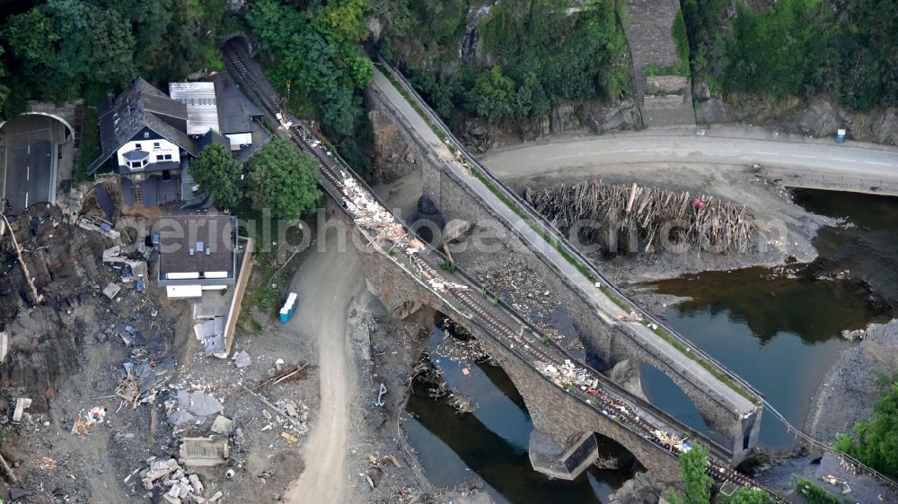 Altenahr from the bird's eye view: Flood damage and reconstruction construction sites in the floodplain of Ahr in Altenahr Ahrtal in the state Rhineland-Palatinate, Germany