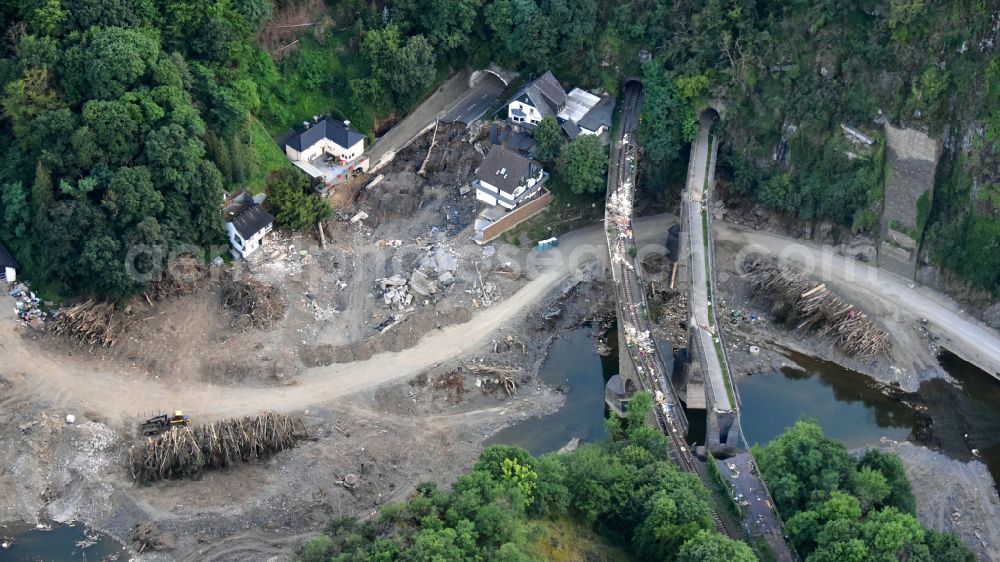 Aerial image Altenahr - Flood damage and reconstruction construction sites in the floodplain of Ahr in Altenahr Ahrtal in the state Rhineland-Palatinate, Germany