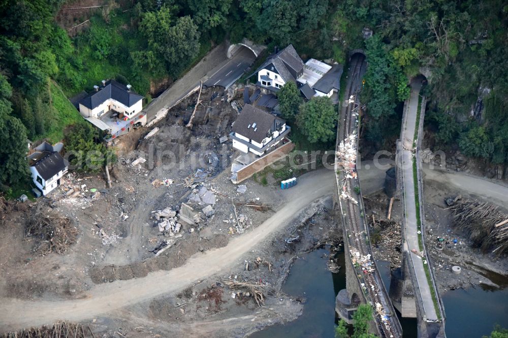 Aerial photograph Altenahr - Flood damage and reconstruction construction sites in the floodplain of Ahr in Altenahr Ahrtal in the state Rhineland-Palatinate, Germany