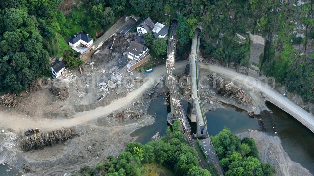 Altenahr from the bird's eye view: Flood damage and reconstruction construction sites in the floodplain of Ahr in Altenahr Ahrtal in the state Rhineland-Palatinate, Germany