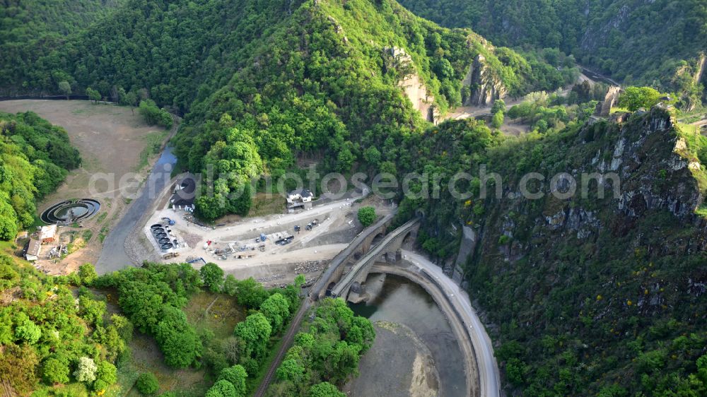 Aerial photograph Altenahr - Flood damage and reconstruction construction sites in the floodplain of Ahr on street Tunnelstrasse in Altenahr in the state Rhineland-Palatinate, Germany