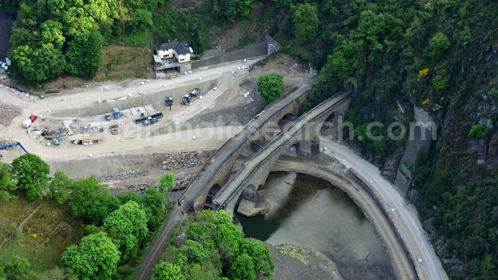 Altenahr from above - Flood damage and reconstruction construction sites in the floodplain of Ahr on street Tunnelstrasse in Altenahr in the state Rhineland-Palatinate, Germany