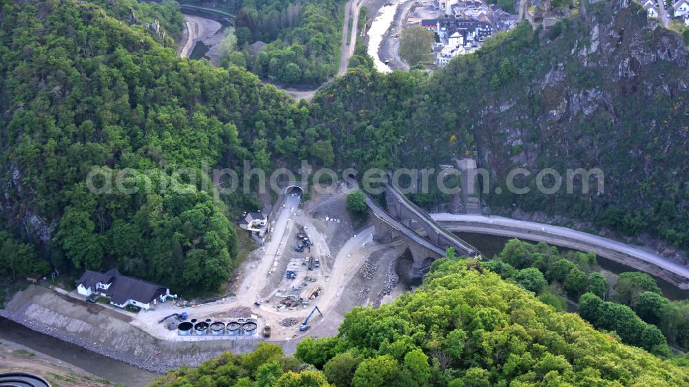 Aerial photograph Altenahr - Flood damage and reconstruction construction sites in the floodplain of Ahr on street Tunnelstrasse in Altenahr in the state Rhineland-Palatinate, Germany