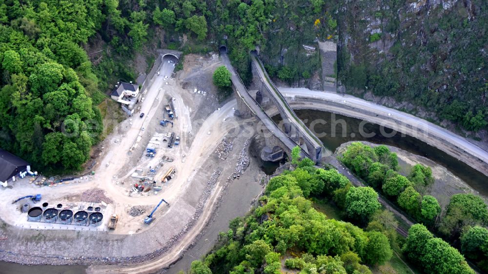 Aerial photograph Altenahr - Flood damage and reconstruction construction sites in the floodplain of Ahr on street Tunnelstrasse in Altenahr in the state Rhineland-Palatinate, Germany