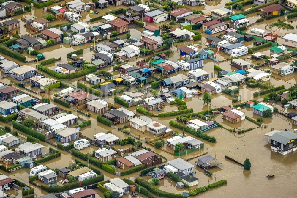 Hagen from above - Flood situation and flooding, all-rousing and infrastructure-destroying masses of brown water on the campsite in the district Westhofen in Hagen at Ruhrgebiet in the state North Rhine-Westphalia, Germany