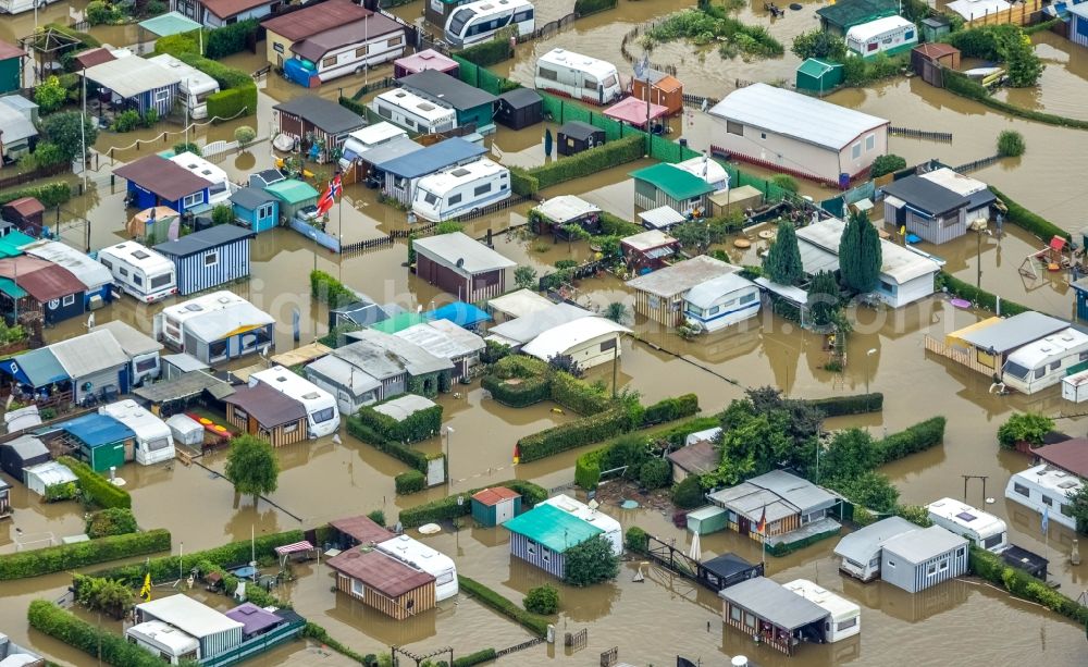 Aerial image Hagen - Flood situation and flooding, all-rousing and infrastructure-destroying masses of brown water on the campsite in the district Westhofen in Hagen at Ruhrgebiet in the state North Rhine-Westphalia, Germany