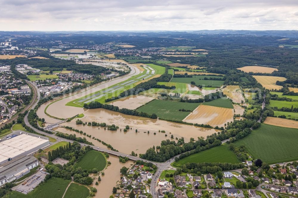 Hagen from above - Flood situation and flooding, all-rousing and infrastructure-destroying masses of brown water on the campsite in the district Westhofen in Hagen at Ruhrgebiet in the state North Rhine-Westphalia, Germany