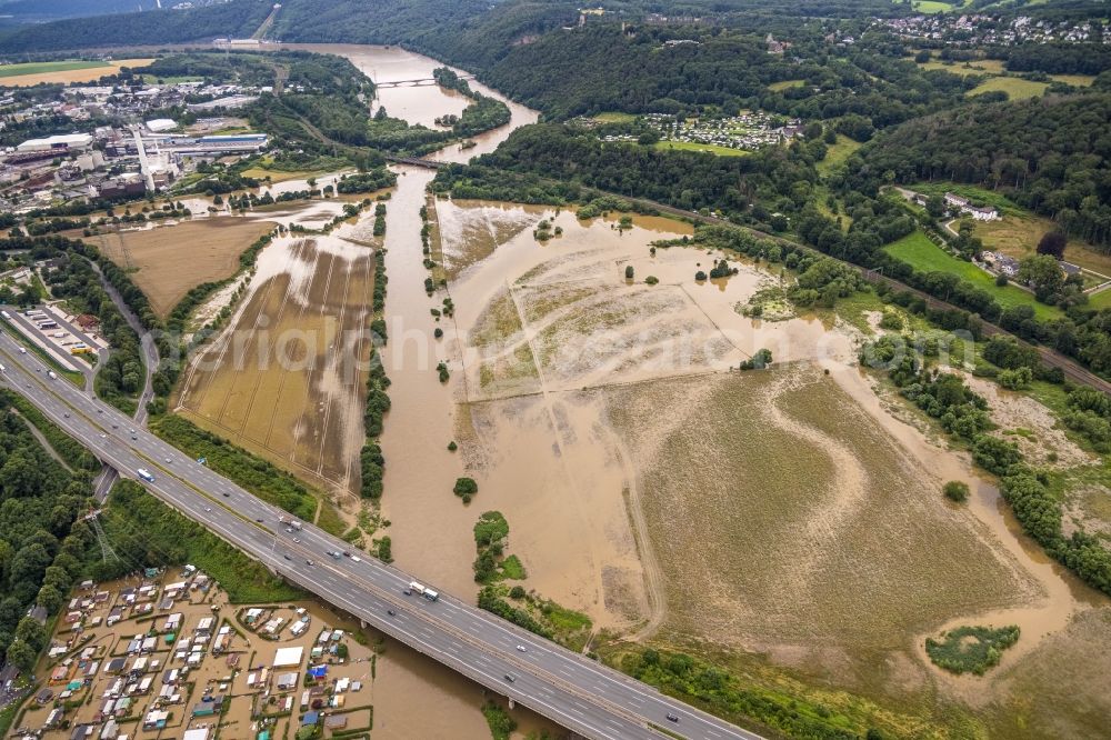 Aerial image Hagen - Flood situation and flooding, all-rousing and infrastructure-destroying masses of brown water on the campsite in the district Westhofen in Hagen at Ruhrgebiet in the state North Rhine-Westphalia, Germany