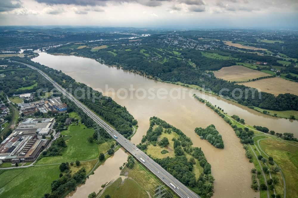 Aerial image Hattingen - Flood situation and flooding, all-rousing and infrastructure-destroying masses of brown water along the trampled Ruhr - river course in Hattingen at Ruhrgebiet in the state North Rhine-Westphalia, Germany