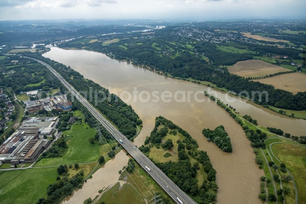 Aerial photograph Hattingen - Flood situation and flooding, all-rousing and infrastructure-destroying masses of brown water along the trampled Ruhr - river course in Hattingen at Ruhrgebiet in the state North Rhine-Westphalia, Germany