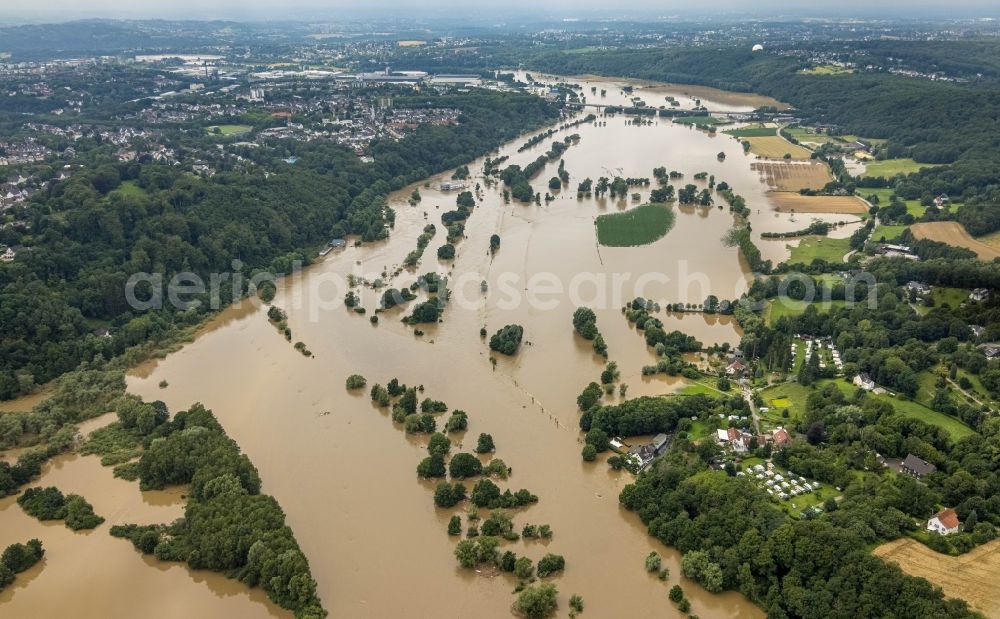 Aerial image Hattingen - Flood situation and flooding, all-rousing and infrastructure-destroying masses of brown water along the trampled Ruhr - river course in Hattingen at Ruhrgebiet in the state North Rhine-Westphalia, Germany