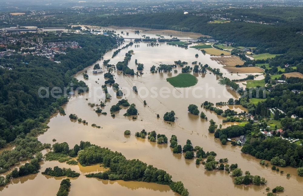 Hattingen from above - Flood situation and flooding, all-rousing and infrastructure-destroying masses of brown water along the trampled Ruhr - river course in Hattingen at Ruhrgebiet in the state North Rhine-Westphalia, Germany