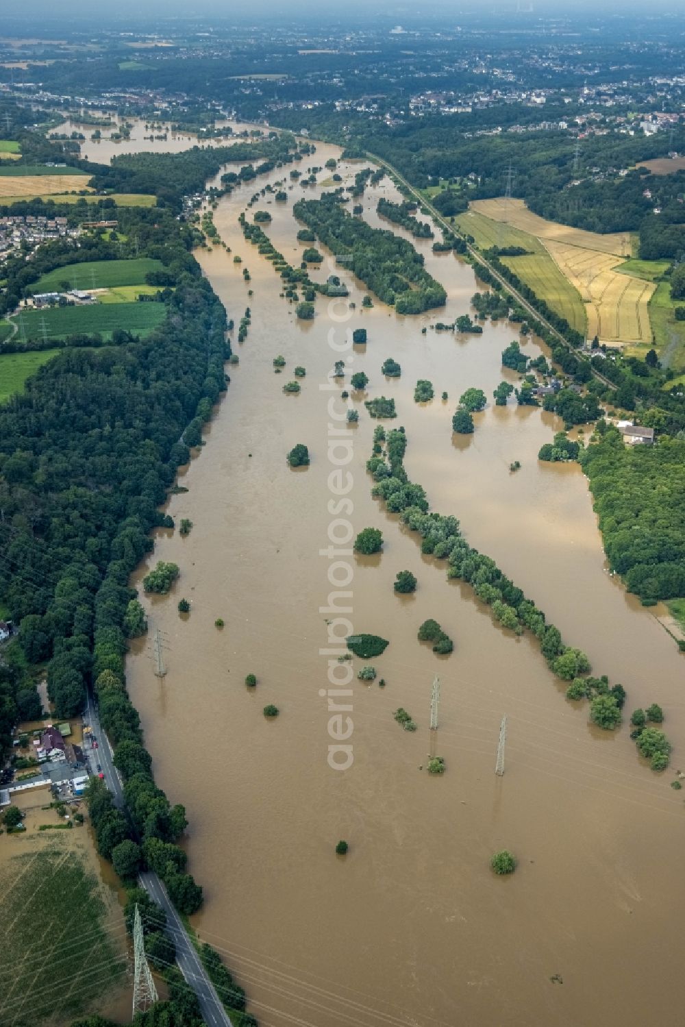 Aerial image Hattingen - Flood situation and flooding, all-rousing and infrastructure-destroying masses of brown water along the Ruhr in Hattingen at Ruhrgebiet in the state North Rhine-Westphalia, Germany