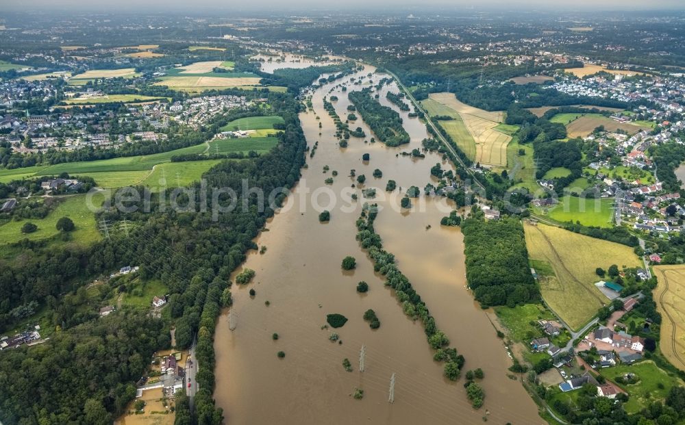 Aerial photograph Hattingen - Flood situation and flooding, all-rousing and infrastructure-destroying masses of brown water along the Ruhr in Hattingen at Ruhrgebiet in the state North Rhine-Westphalia, Germany