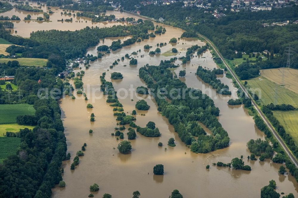 Hattingen from above - Flood situation and flooding, all-rousing and infrastructure-destroying masses of brown water along the Ruhr in Hattingen at Ruhrgebiet in the state North Rhine-Westphalia, Germany