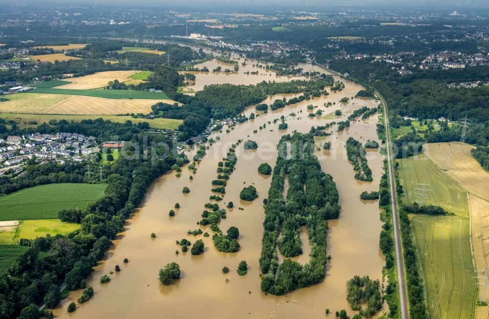 Aerial image Hattingen - Flood situation and flooding, all-rousing and infrastructure-destroying masses of brown water along the Ruhr in Hattingen at Ruhrgebiet in the state North Rhine-Westphalia, Germany