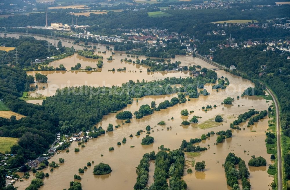 Aerial photograph Hattingen - Flood situation and flooding, all-rousing and infrastructure-destroying masses of brown water along the Ruhr in Hattingen at Ruhrgebiet in the state North Rhine-Westphalia, Germany