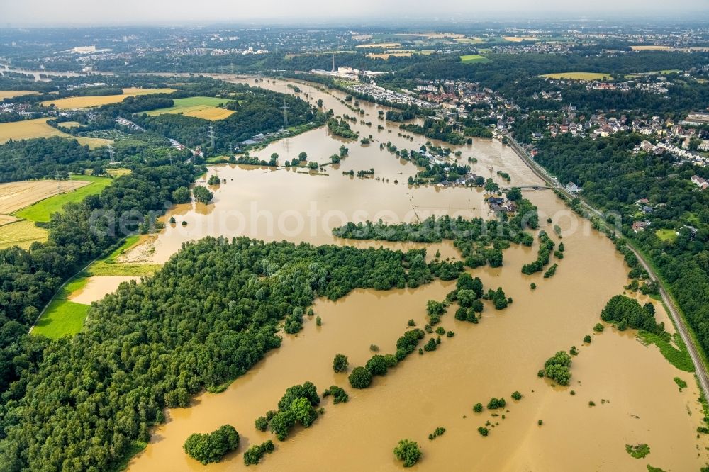 Aerial image Hattingen - Flood situation and flooding, all-rousing and infrastructure-destroying masses of brown water along the Ruhr in Hattingen at Ruhrgebiet in the state North Rhine-Westphalia, Germany