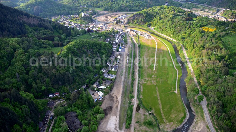 Altenahr from the bird's eye view: Flood damage and reconstruction construction sites in the floodplain on riverside of Ahr in Altenahr Ahrtal in the state Rhineland-Palatinate, Germany