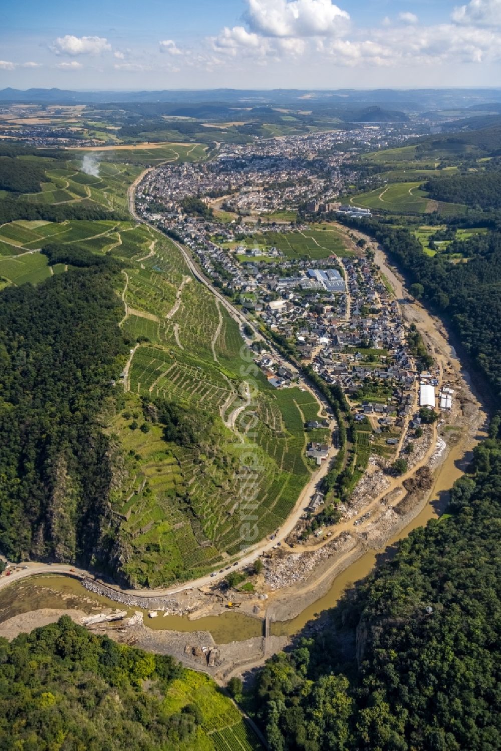 Aerial image Bad Neuenahr-Ahrweiler - Flood damage and reconstruction construction sites in the floodplain on riverside of Ahr in Bad Neuenahr-Ahrweiler in the state Rhineland-Palatinate, Germany