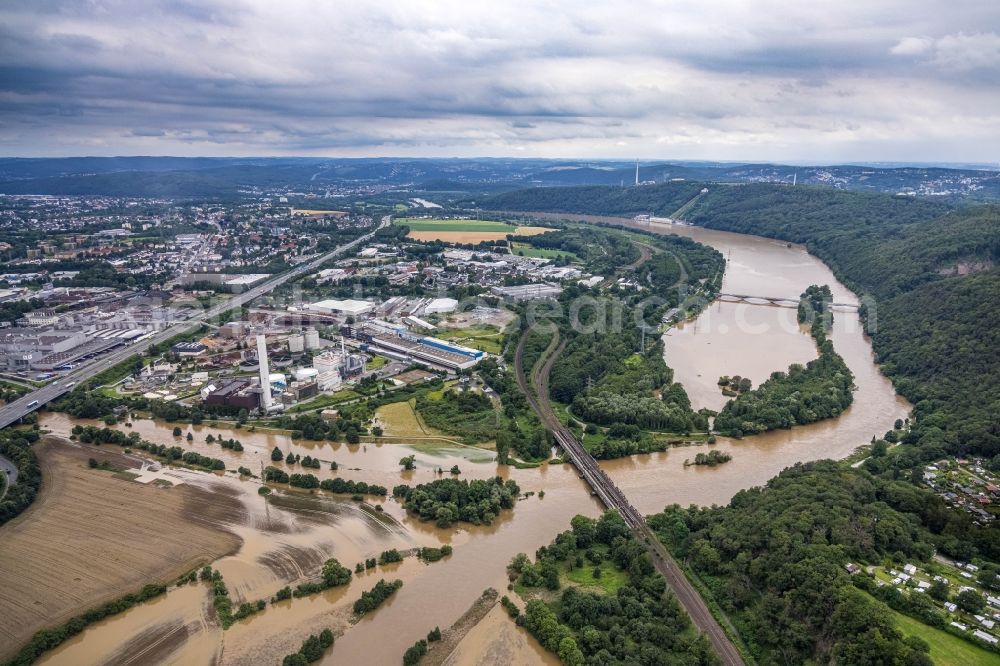 Hagen from above - Flood situation and flooding, all-rousing and infrastructure-destroying masses of brown water on the course of the river Lenne in Hagen at Ruhrgebiet in the state North Rhine-Westphalia, Germany