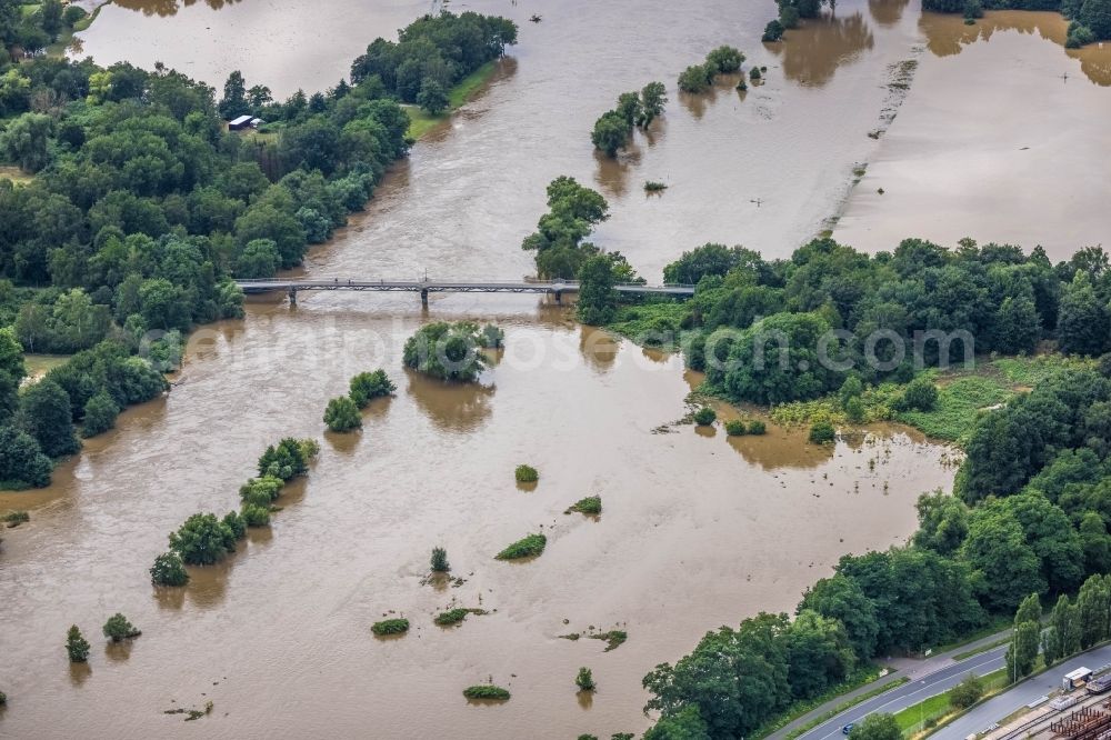 Aerial image Witten - Flood situation and flooding, all-rousing and infrastructure-destroying masses of brown water on the course of the river Ruhr in Witten at Ruhrgebiet in the state North Rhine-Westphalia, Germany