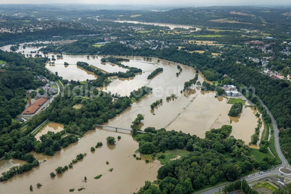 Witten from above - Flood situation and flooding, all-rousing and infrastructure-destroying masses of brown water on the course of the river Ruhr in Witten at Ruhrgebiet in the state North Rhine-Westphalia, Germany