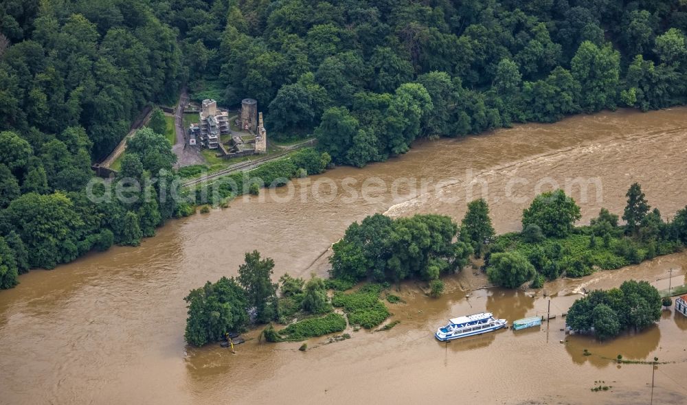 Aerial image Witten - Flood situation and flooding, all-rousing and infrastructure-destroying masses of brown water on the course of the river Ruhr in Witten at Ruhrgebiet in the state North Rhine-Westphalia, Germany