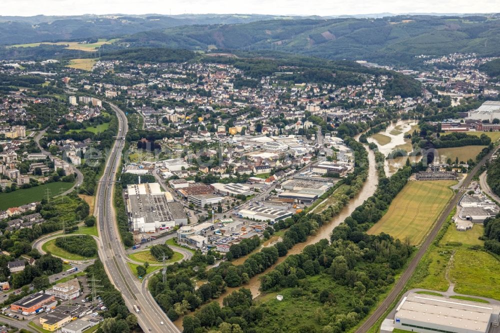 Aerial photograph Hagen - Flood situation and flooding, all-rousing and infrastructure-destroying masses of brown water in the district Hohenlimburg in Hagen at Ruhrgebiet in the state North Rhine-Westphalia, Germany