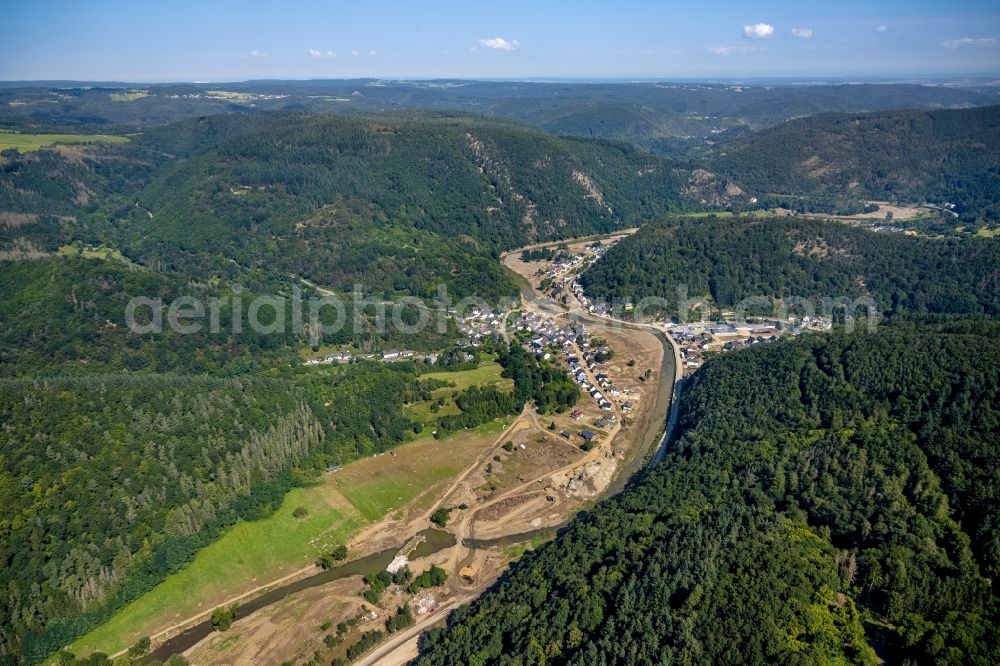 Ahrbrück from above - Flood damage and reconstruction construction sites in the floodplain on shore of Ahr in Ahrbrueck in the state Rhineland-Palatinate, Germany