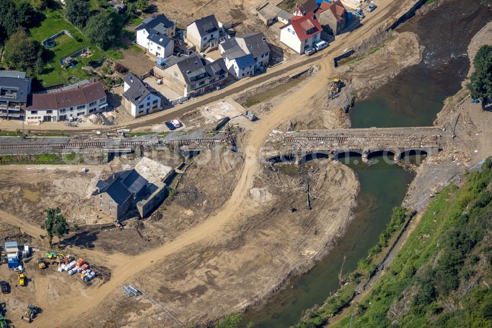 Aerial image Altenahr - Flood damage and reconstruction construction sites in the floodplain on shore of Ahr in Altenahr in the state Rhineland-Palatinate, Germany