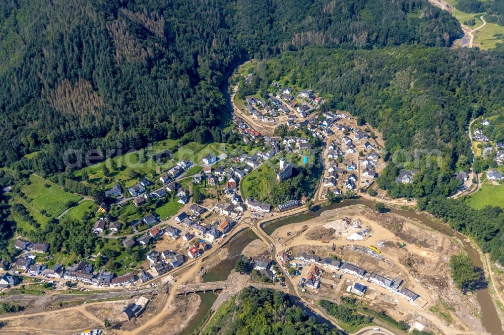 Altenahr from above - Flood damage and reconstruction construction sites in the floodplain on shore of Ahr in Altenahr in the state Rhineland-Palatinate, Germany