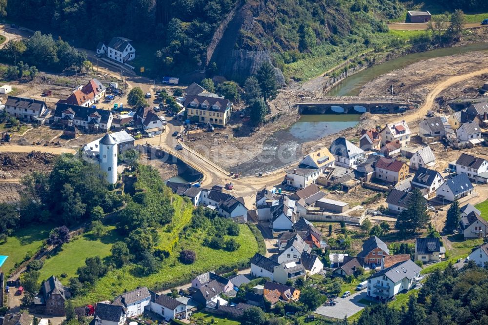 Aerial image Altenahr - Flood damage and reconstruction construction sites in the floodplain on shore of Ahr in Altenahr in the state Rhineland-Palatinate, Germany