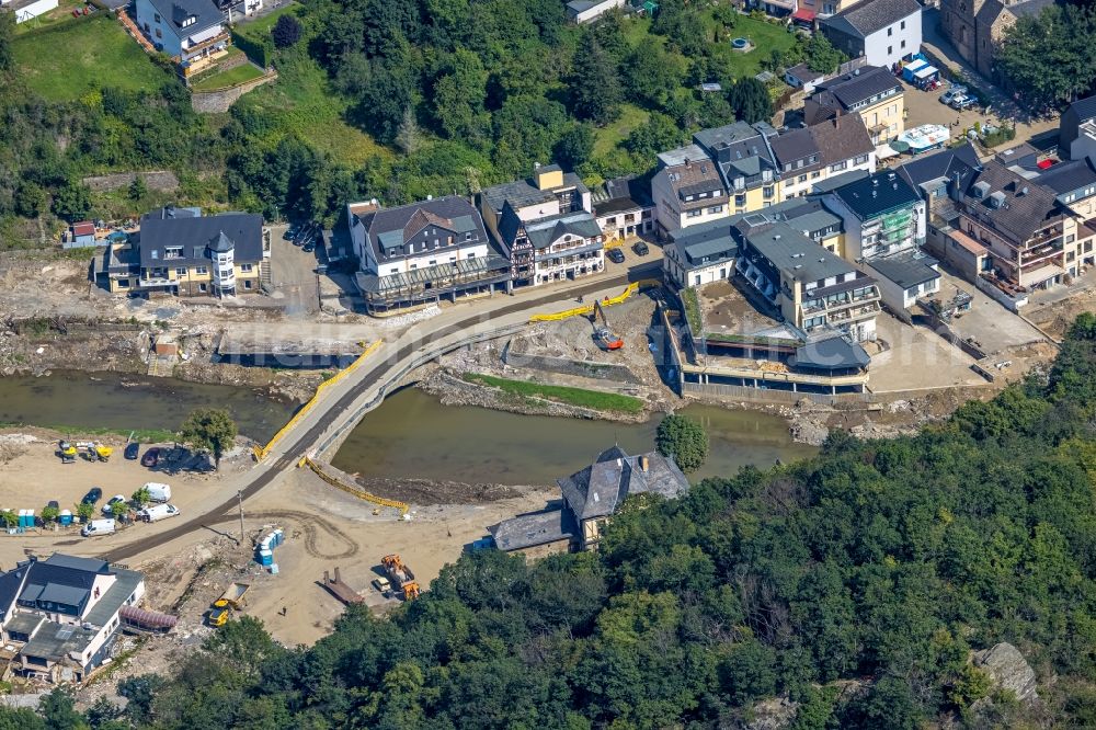 Altenahr from the bird's eye view: Flood damage and reconstruction construction sites in the floodplain on shore of Ahr in Altenahr in the state Rhineland-Palatinate, Germany