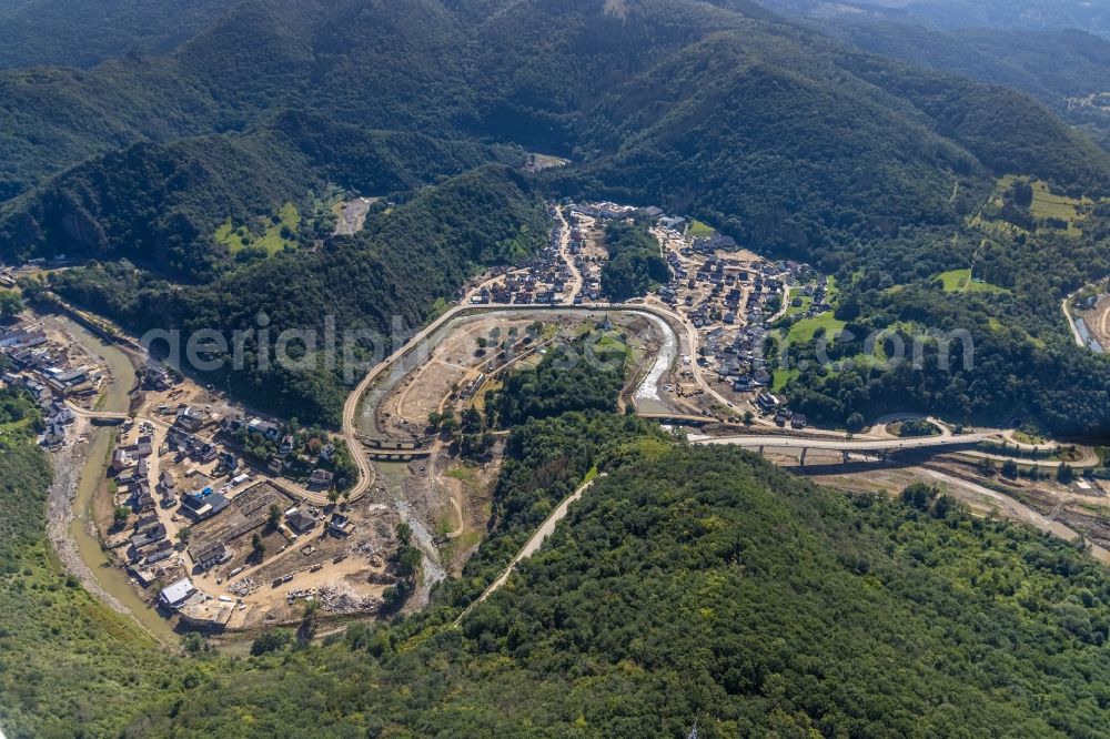 Altenahr from the bird's eye view: Flood damage and reconstruction construction sites in the floodplain on shore of Ahr in Altenahr in the state Rhineland-Palatinate, Germany