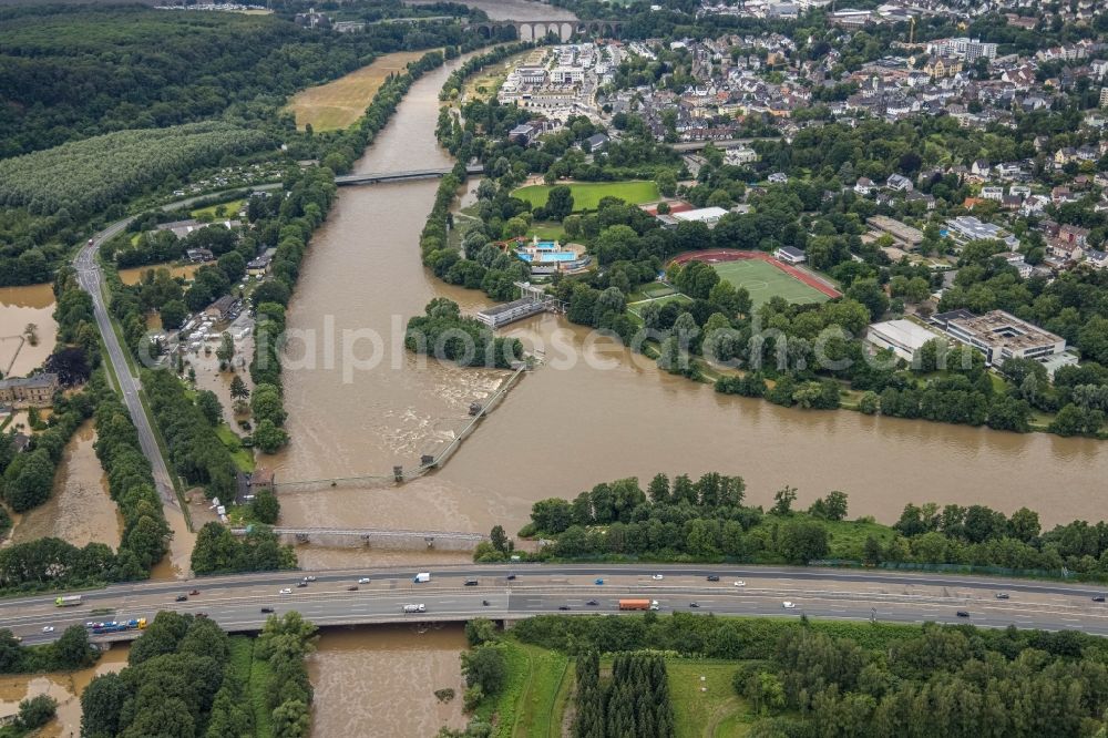 Aerial image Herdecke - Flood situation and flooding, all-rousing and infrastructure-destroying masses of brown water on the banks of the Ruhr in Herdecke in the state North Rhine-Westphalia, Germany