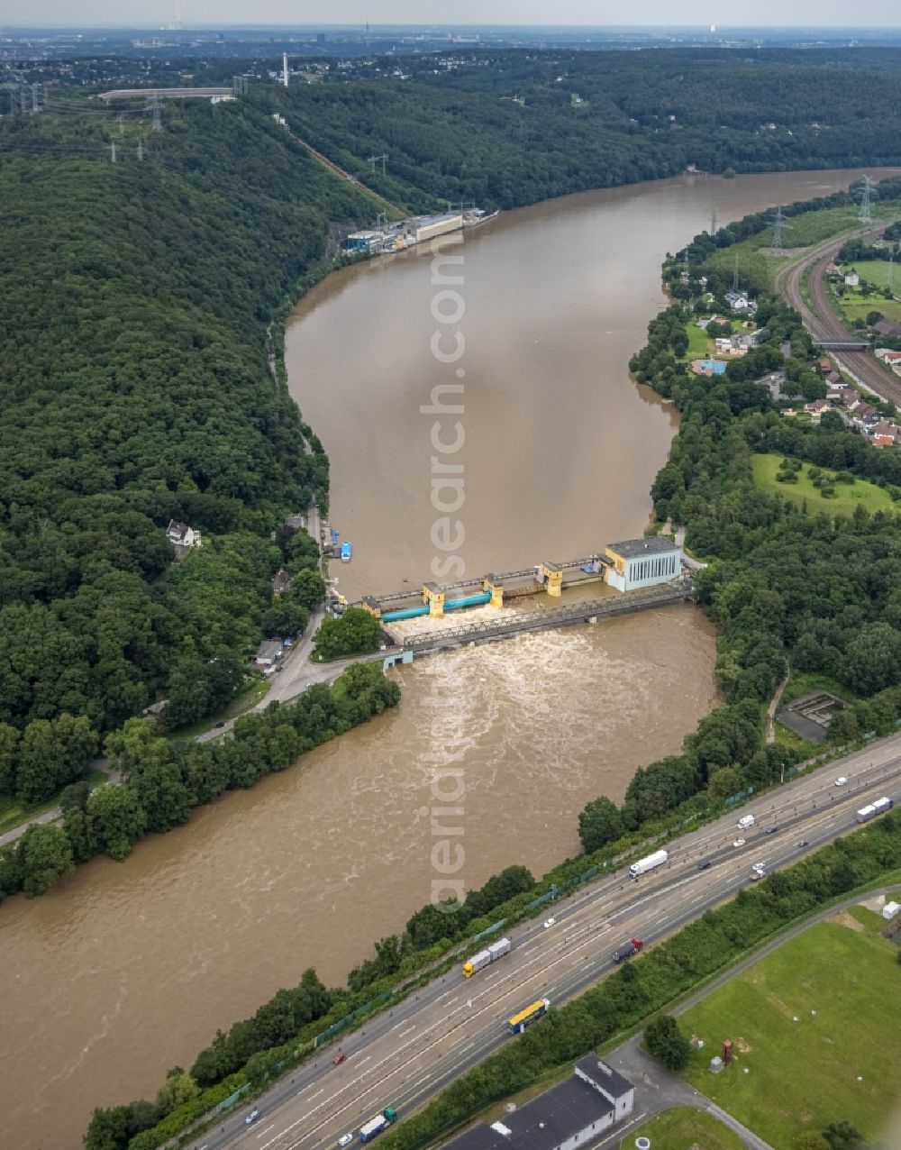 Aerial photograph Herdecke - Flood situation and flooding, all-rousing and infrastructure-destroying masses of brown water on the banks of the Ruhr in Herdecke in the state North Rhine-Westphalia, Germany