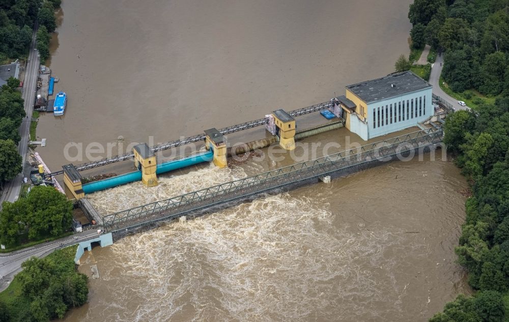 Herdecke from above - Flood situation and flooding, all-rousing and infrastructure-destroying masses of brown water on the banks of the Ruhr in Herdecke in the state North Rhine-Westphalia, Germany