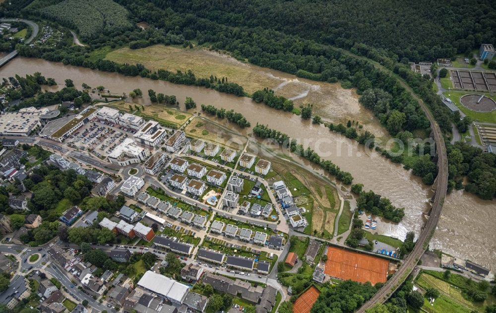 Aerial photograph Herdecke - Flood situation and flooding, all-rousing and infrastructure-destroying masses of brown water on the banks of the Ruhr in Herdecke in the state North Rhine-Westphalia, Germany