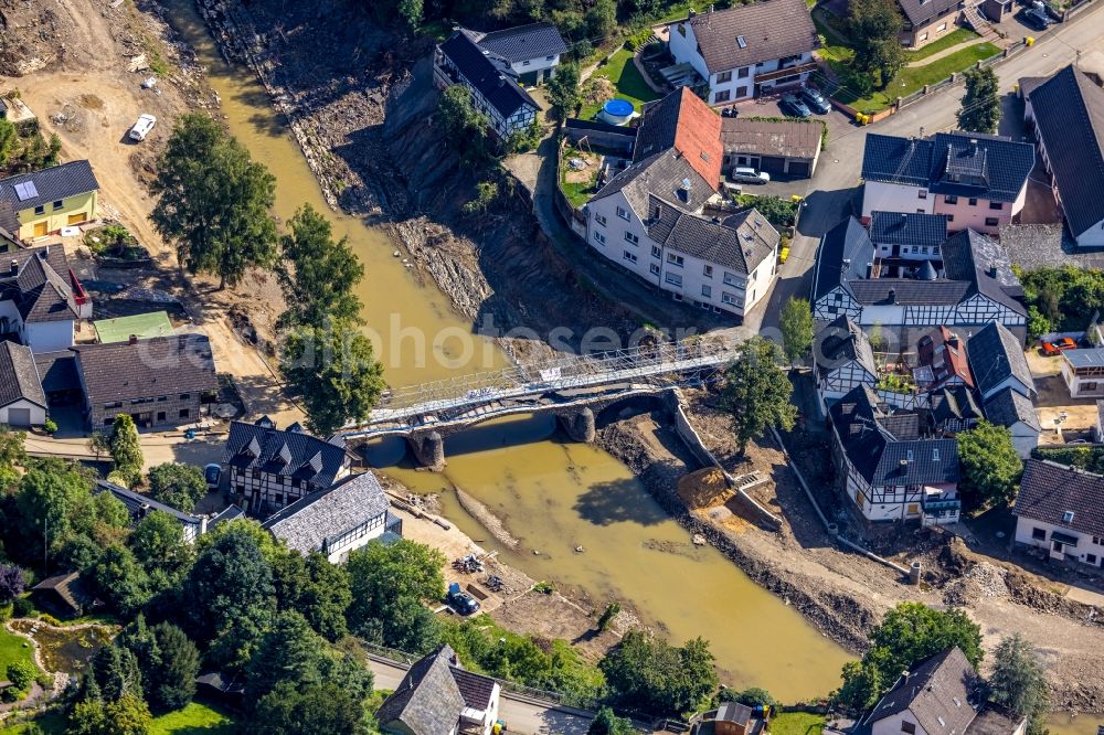 Schuld from the bird's eye view: Flood damage and reconstruction construction sites in the floodplain on curse of Ahr in Schuld in the state Rhineland-Palatinate, Germany