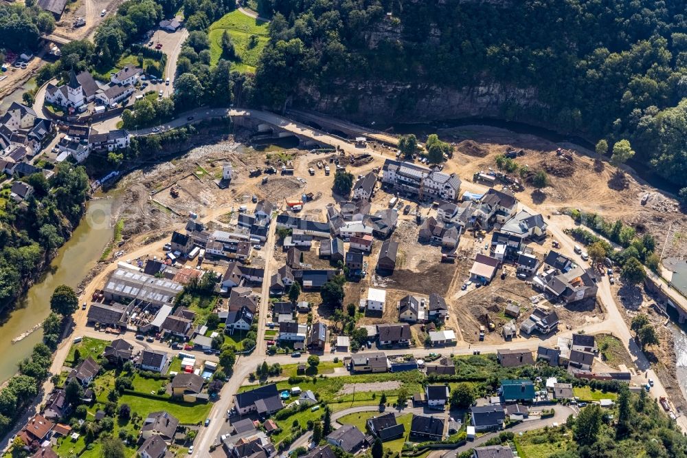 Aerial photograph Schuld - Flood damage and reconstruction construction sites in the floodplain on shore of Ahr in Schuld in the state Rhineland-Palatinate, Germany