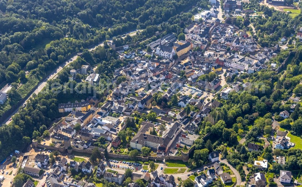 Aerial photograph Bad Münstereifel - Flood damage and reconstruction construction sites in the floodplain on riverside of Erft in Bad Muenstereifel in the state North Rhine-Westphalia, Germany