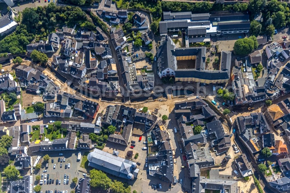 Bad Münstereifel from above - Flood damage and reconstruction construction sites in the floodplain on riverside of Erft in Bad Muenstereifel in the state North Rhine-Westphalia, Germany