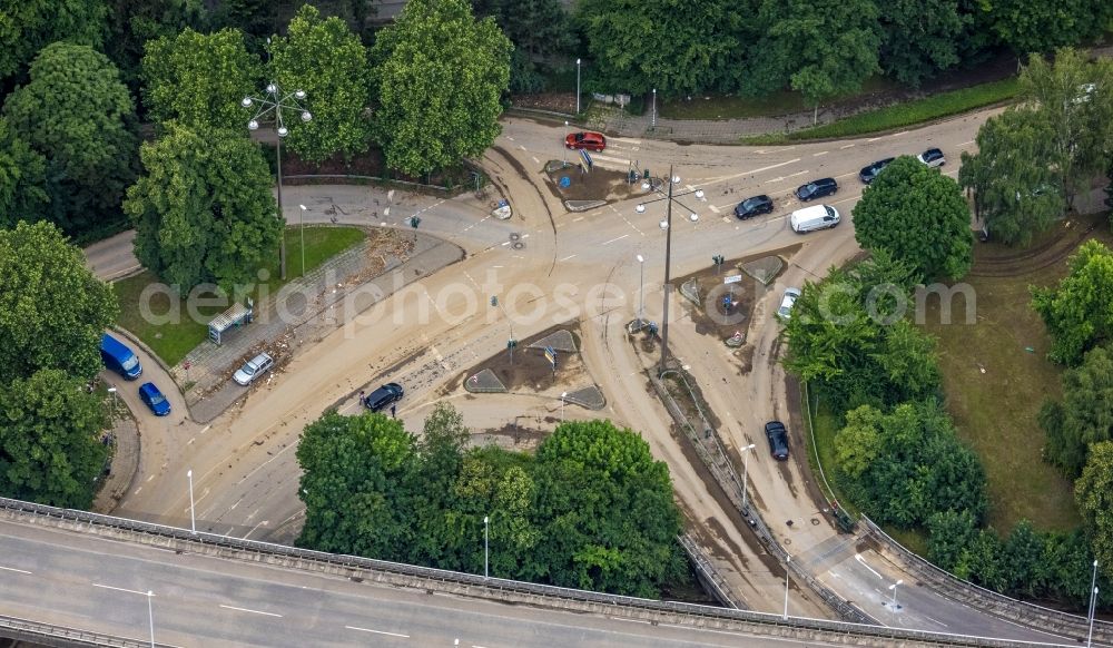 Aerial image Hagen - Flood situation and flooding, all-rousing and infrastructure-destroying masses of brown water on the course of the Ruhr and Volme in Hagen at Ruhrgebiet in the state North Rhine-Westphalia, Germany