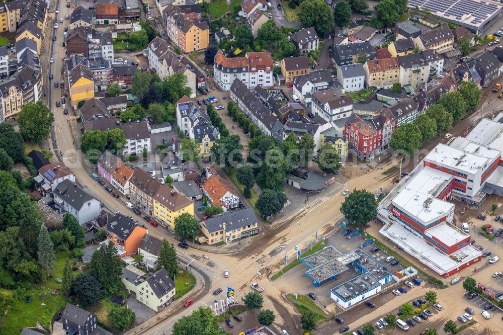 Aerial photograph Hagen - Flood situation and flooding, all-rousing and infrastructure-destroying masses of brown water on the course of the Ruhr and Volme in Hagen at Ruhrgebiet in the state North Rhine-Westphalia, Germany