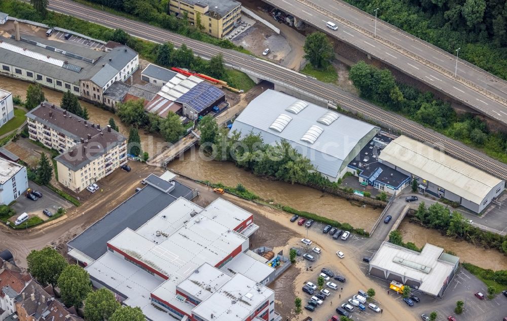 Aerial image Hagen - Flood situation and flooding, all-rousing and infrastructure-destroying masses of brown water on the course of the Ruhr and Volme in Hagen at Ruhrgebiet in the state North Rhine-Westphalia, Germany