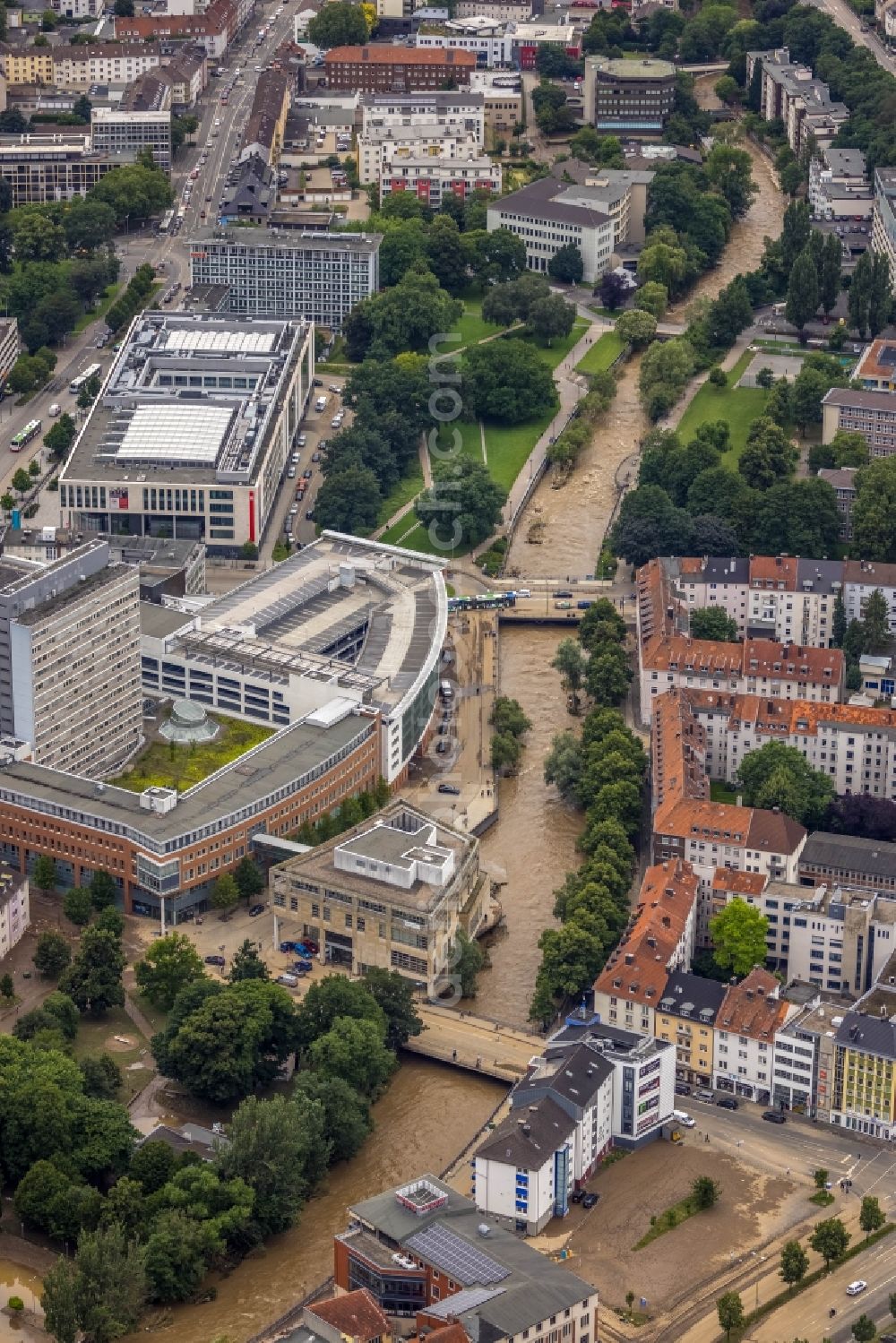 Aerial image Hagen - Flood situation and flooding, all-rousing and infrastructure-destroying masses of brown water on the course of the Ruhr and Volme in Hagen at Ruhrgebiet in the state North Rhine-Westphalia, Germany