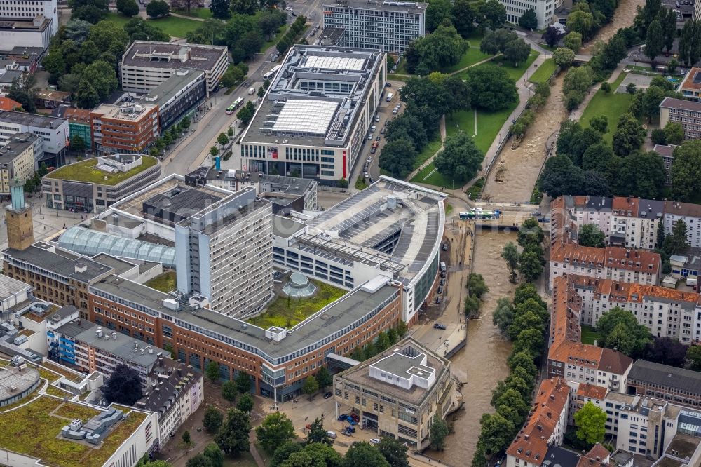 Aerial photograph Hagen - Flood situation and flooding, all-rousing and infrastructure-destroying masses of brown water on the course of the Ruhr and Volme in Hagen at Ruhrgebiet in the state North Rhine-Westphalia, Germany