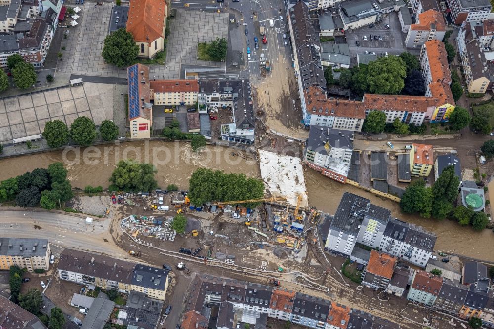 Hagen from above - Flood situation and flooding, all-rousing and infrastructure-destroying masses of brown water on the course of the Ruhr and Volme in Hagen at Ruhrgebiet in the state North Rhine-Westphalia, Germany